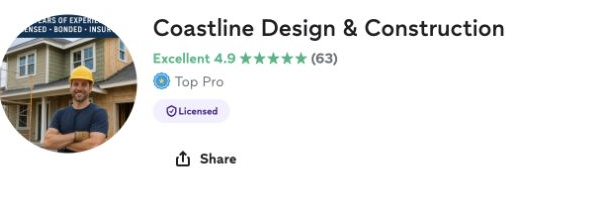 Actual Thumbtack profile screenshot: Coastline Design & Construction, Excellent 4.9, 63 reviews